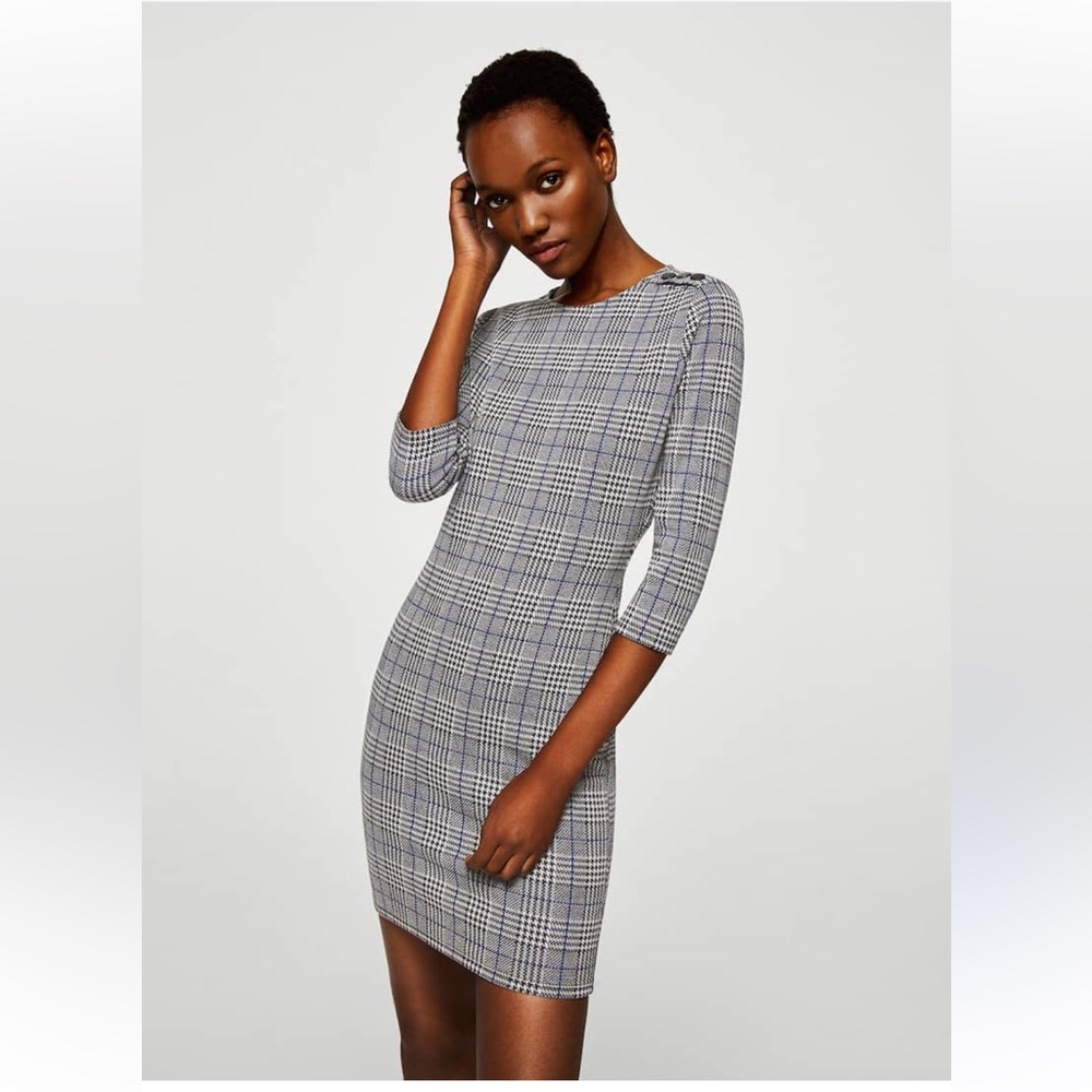 MANGO Women Grey & Black Checked Bodycon Dress